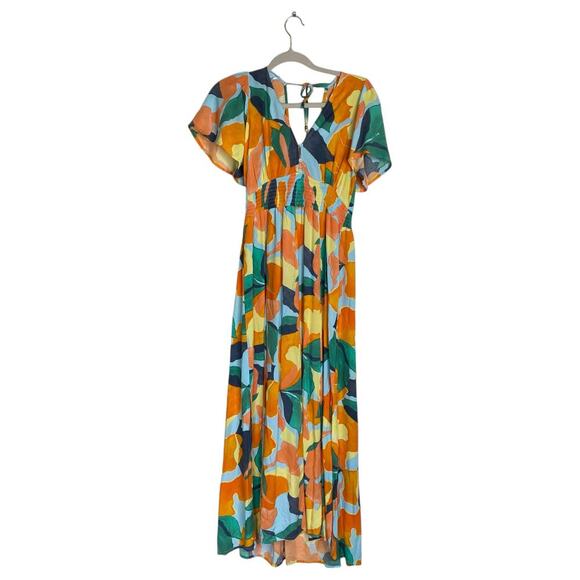 ABEL THE LABEL Smocked Midi Dress Smocked Tropical Bright Colorful Size XS Beach - Picture 1 of 7